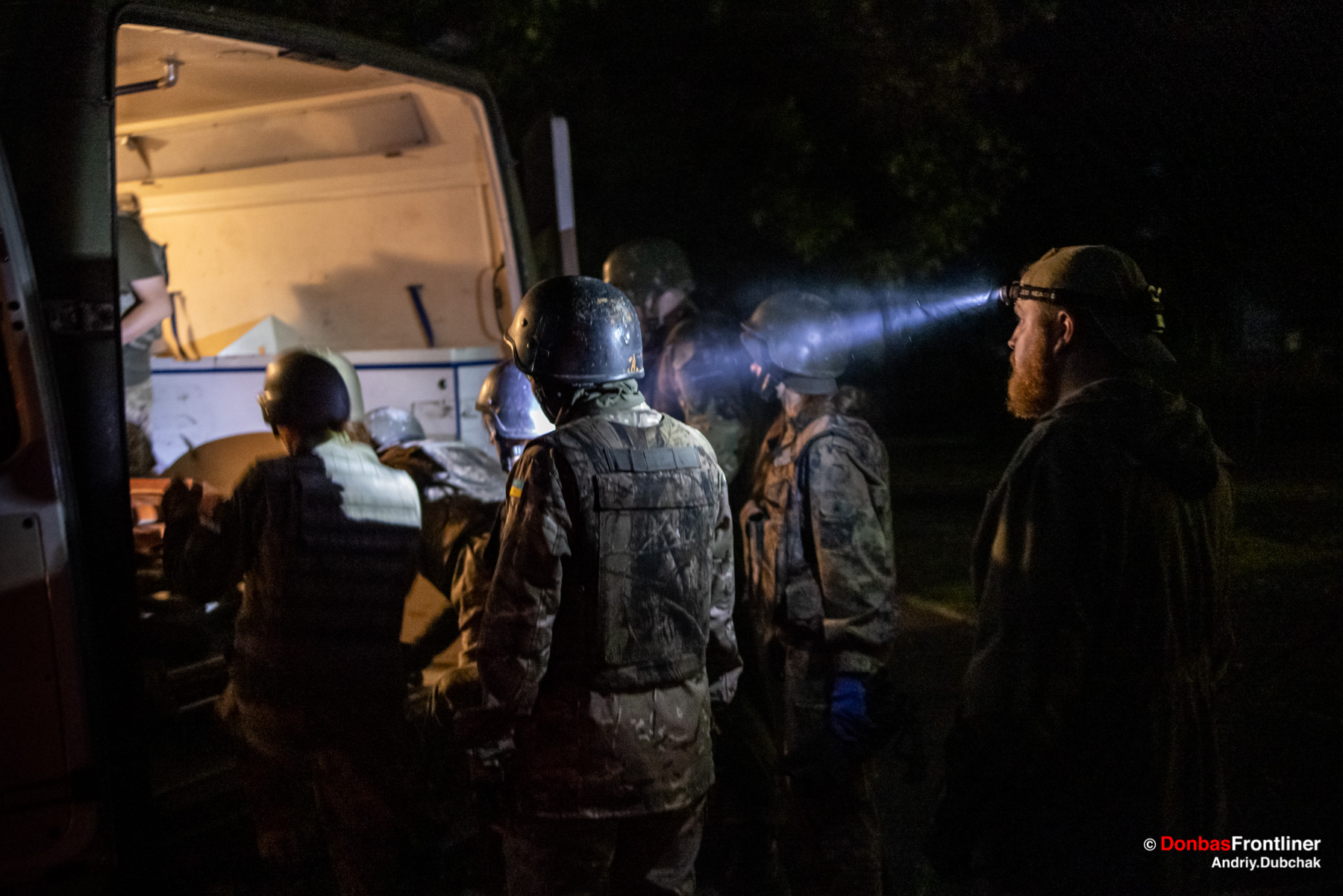 Ukraine War / Donbas Frontliner /  Right Sector battalion of Hospitallers instructor call sign «Yizhak» control the cadets during the night evacuation of the wounded from the battlefield