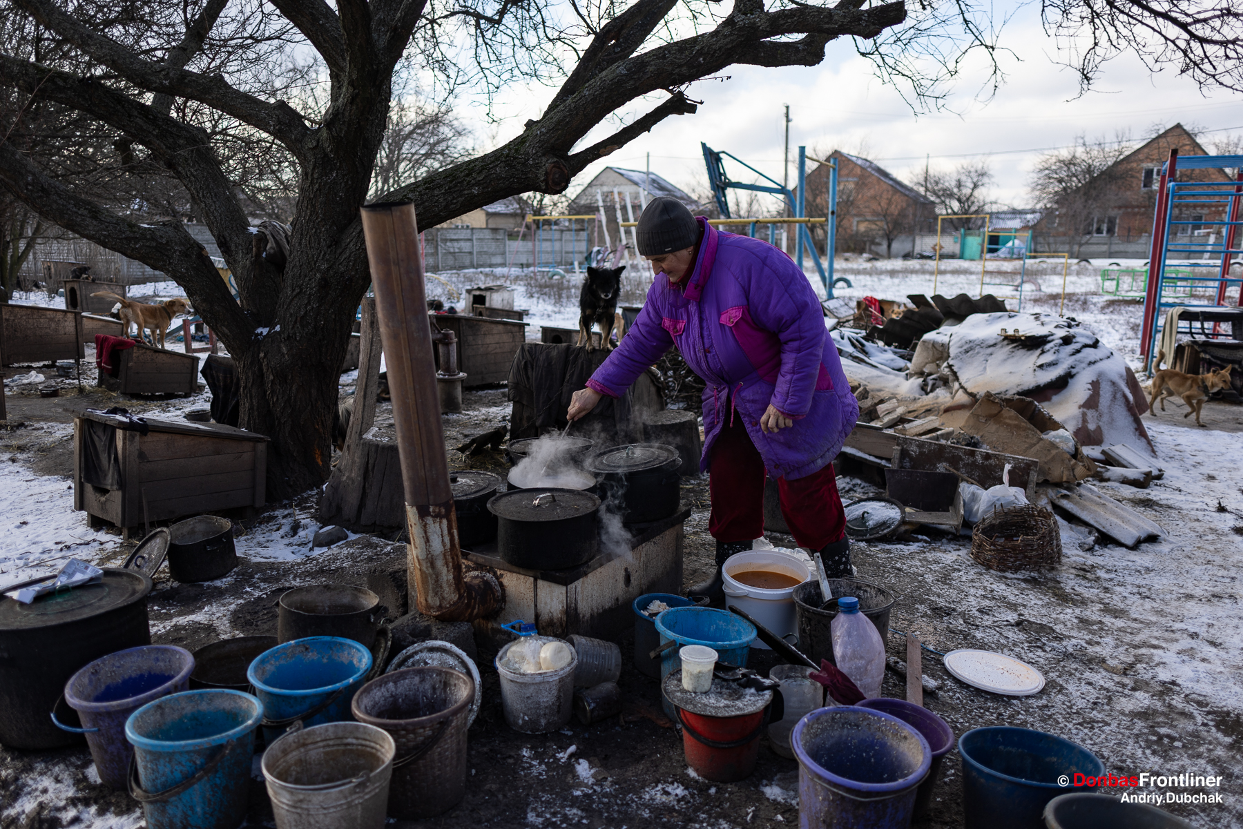 Олена Бубенко варить кашу у притулку для собак в Руських Тишках.